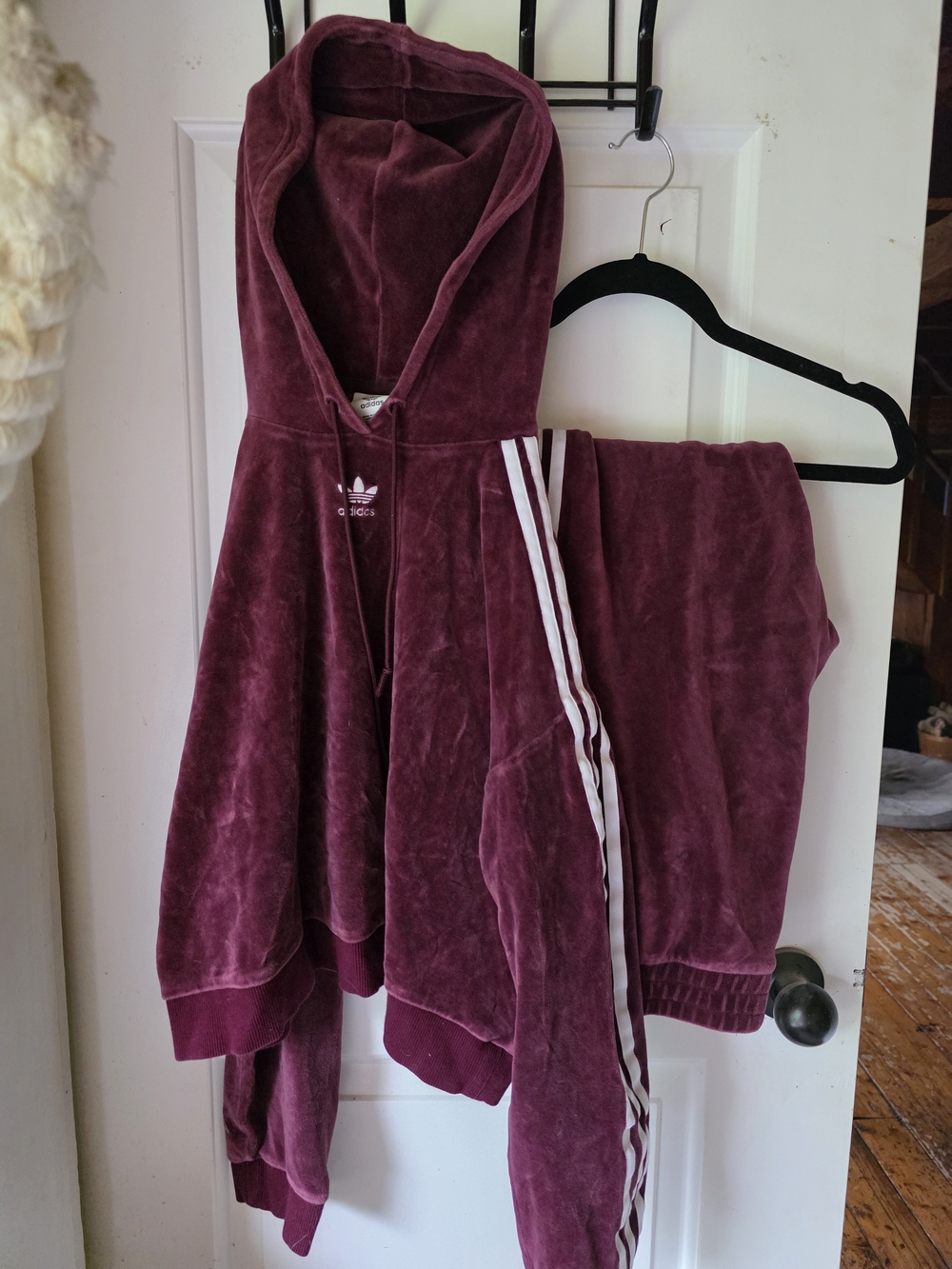 Adidas Burgundy Velour Hoodie & Joggers - White Stripe